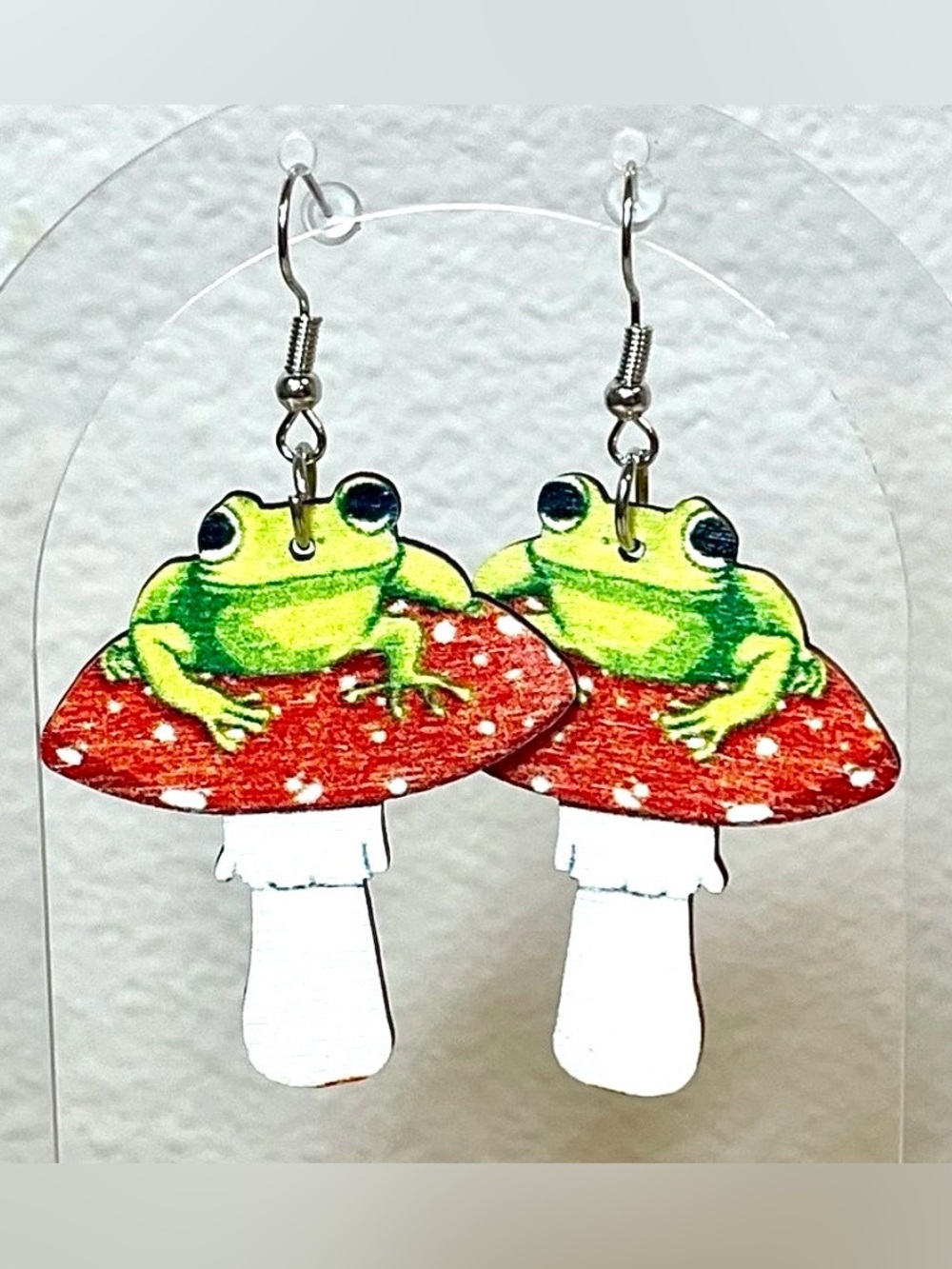NEW Wood Cutout Whimsical Frog on a Mushroom Pierced Earrings | Lightweight